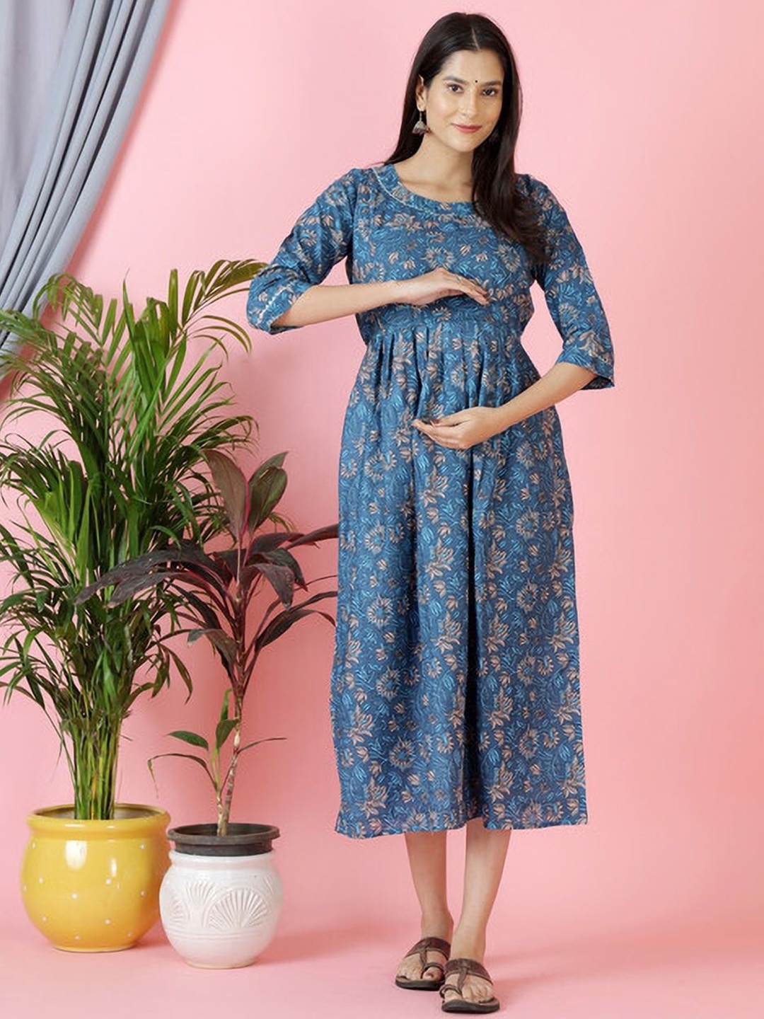 

Moda Rapido Floral Printed Maternity Feeding Dress With Zipper, Multi