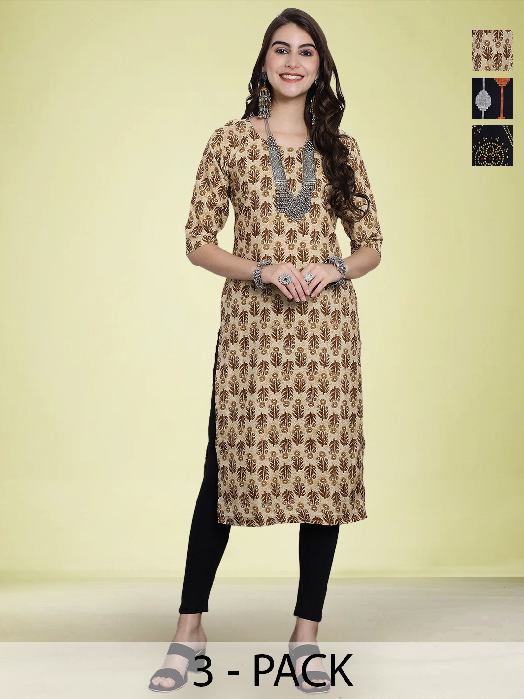 

Moda Rapido Selection Of 3 Floral Printed Round Neck Straight Kurtas, Beige