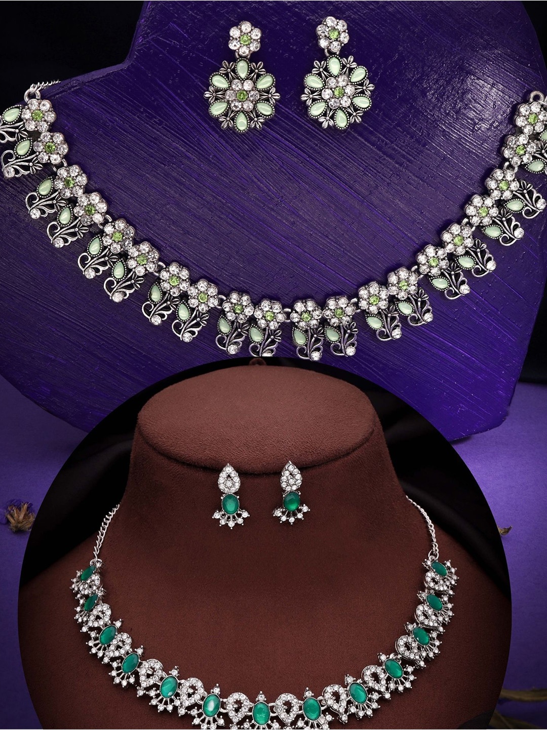 

DIVASTRI Set Of 2 Silver Plated American Diamonds Studded Jewellery Set