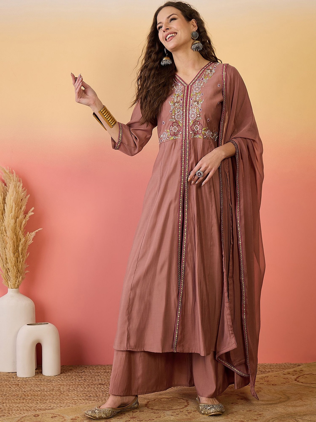 

Sangria Floral Embroidered Silk Anarkali Kurta & Palazzo With Dupatta, Beige