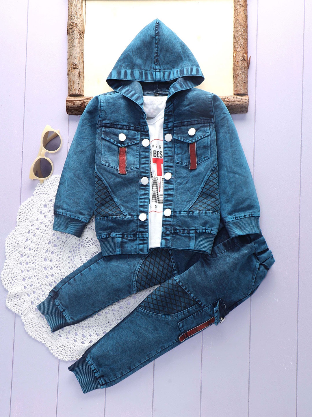 

Shirazi Boys Hooded Neck Denim Hoddie With Joggers, Blue