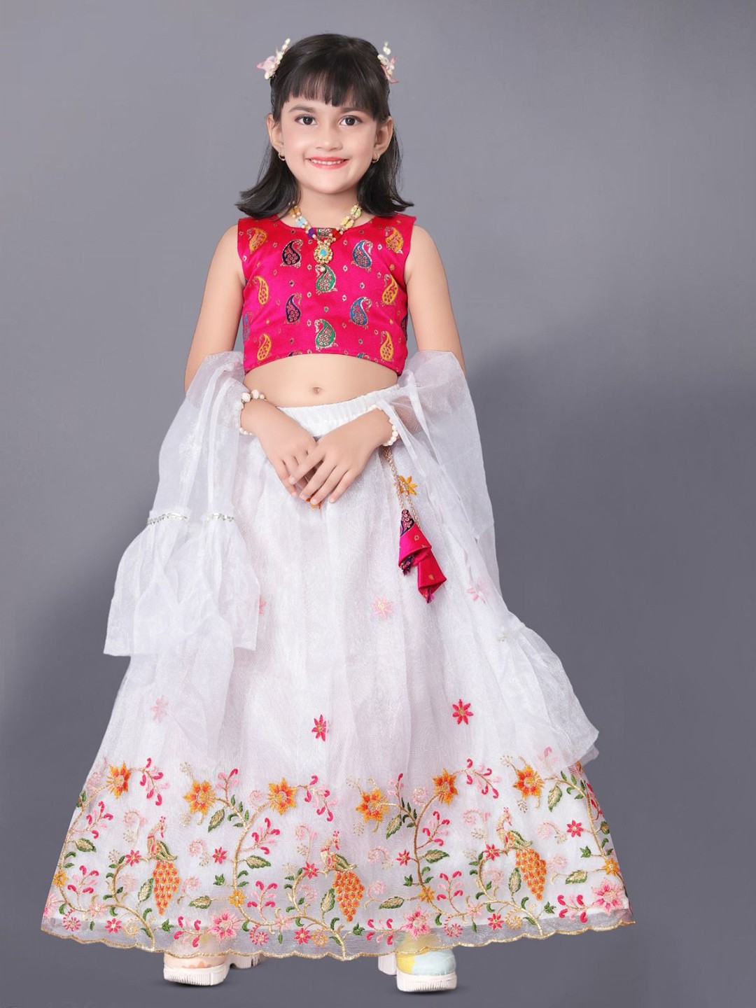 

Sainur creation Girls Embroidered Thread Work Ready to Wear Lehenga & Blouse With Dupatta, White