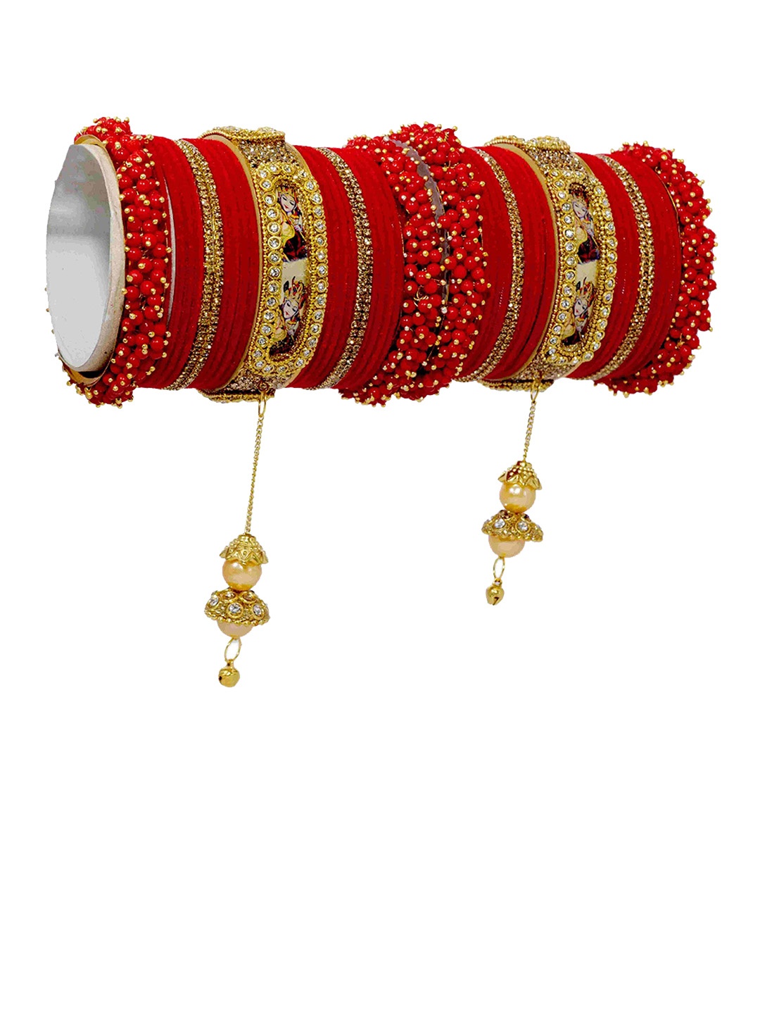 

ZULKA Set Of 48 Radha Krishna Latkan Zircon Gemstone Studded Bangles, Red