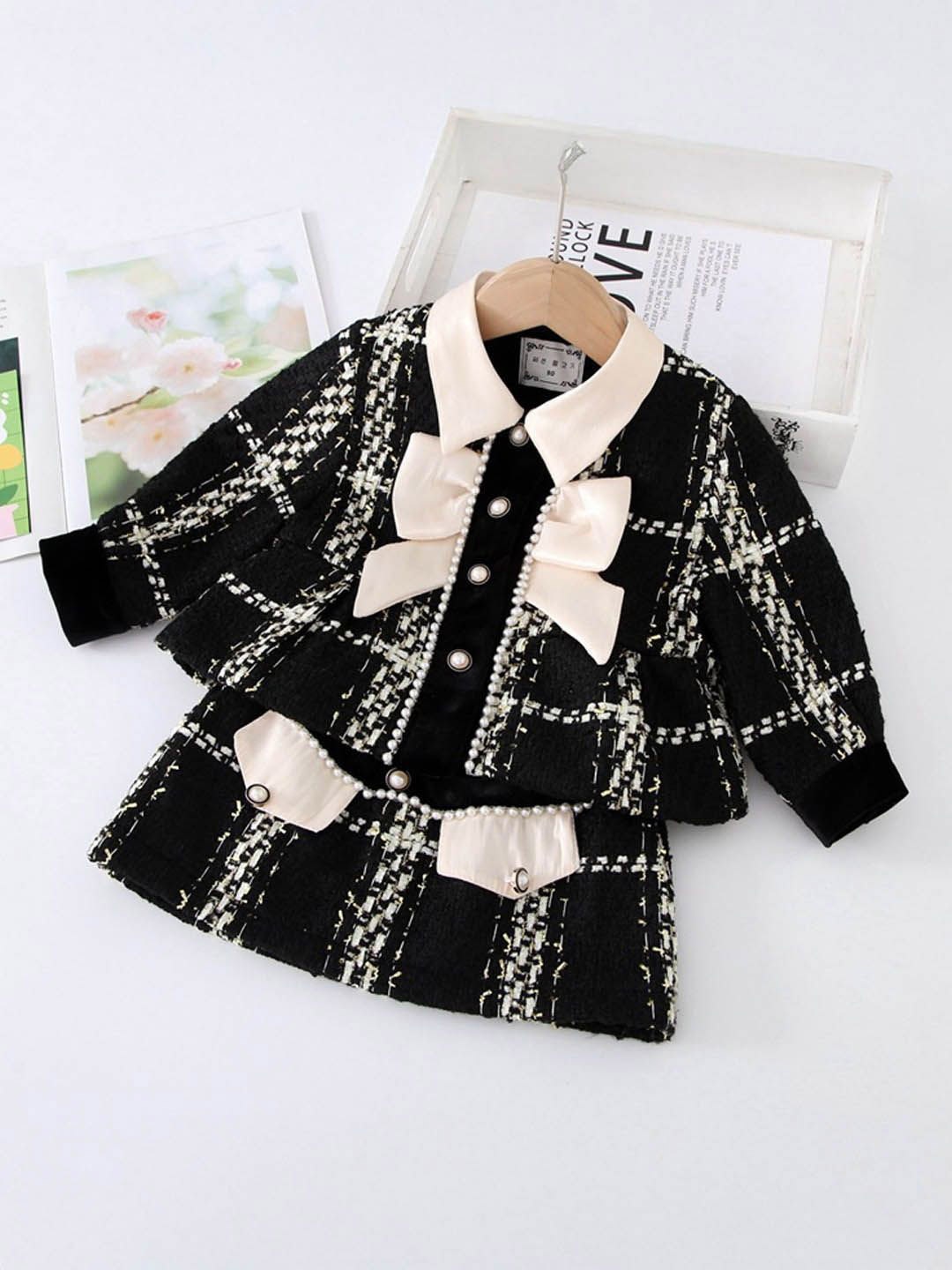 

Xsole Girls Checked Shirt Collar Shirt with Skirt, Black