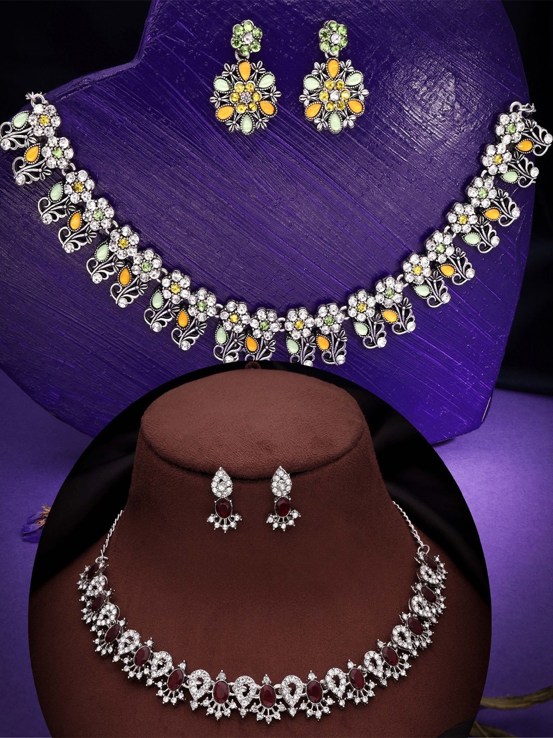 

DIVASTRI Set Of 2 Silver-Plated American Diamond Studded Jewellery Set
