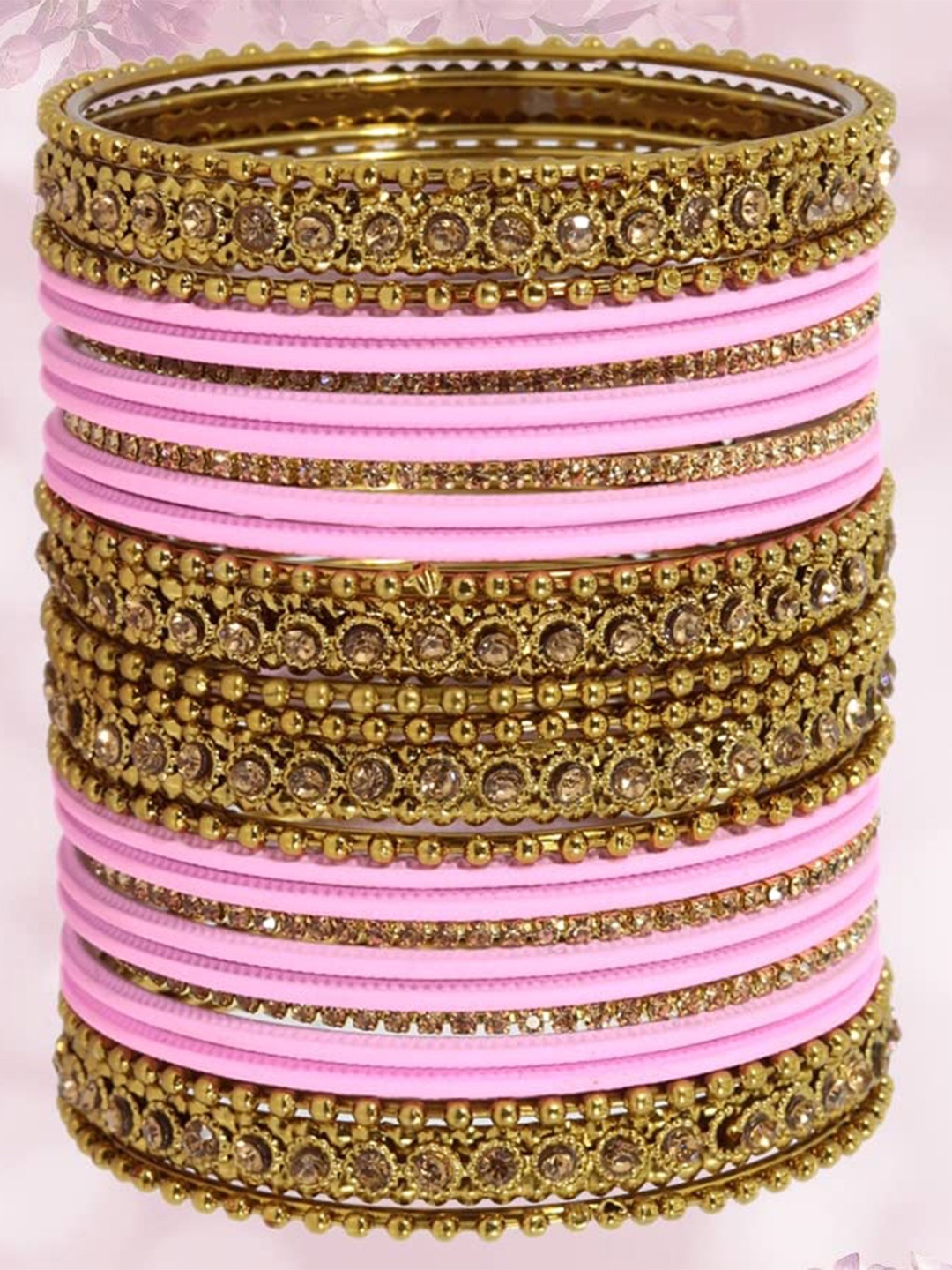 

ZULKA Set Of 28 Metal With Zircon Gemstone Studded Traditional Bangles, Gold