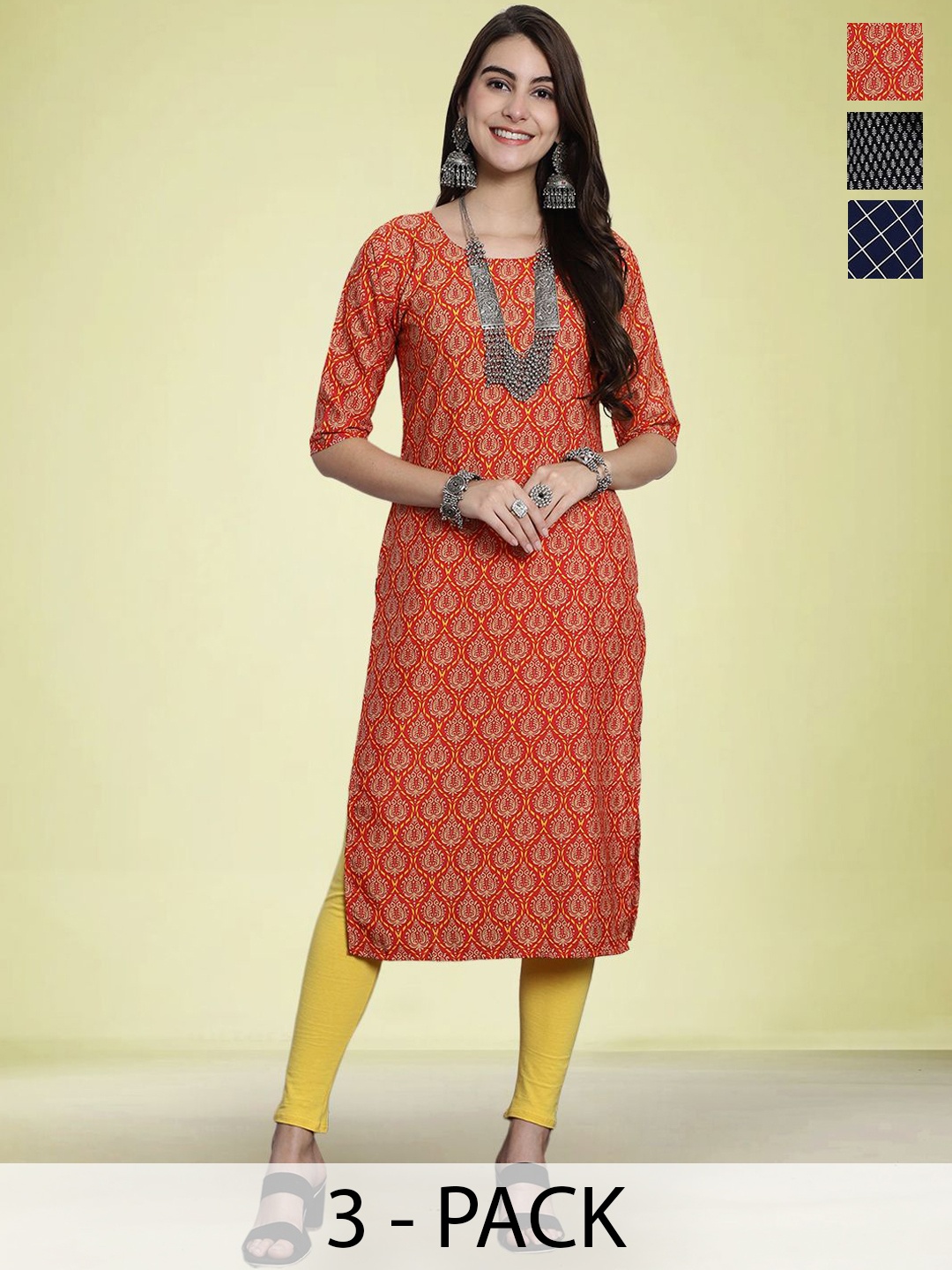 

Moda Rapido Selection Of 3 Floral Printed Round Neck Straight Kurtas, Red