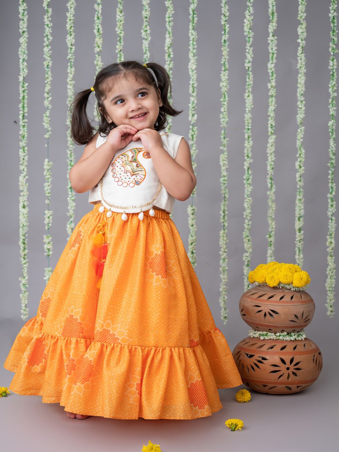 

LABEL NEETI Girls Embroidered Thread Work Ready to Wear Top With Lehenga, Yellow