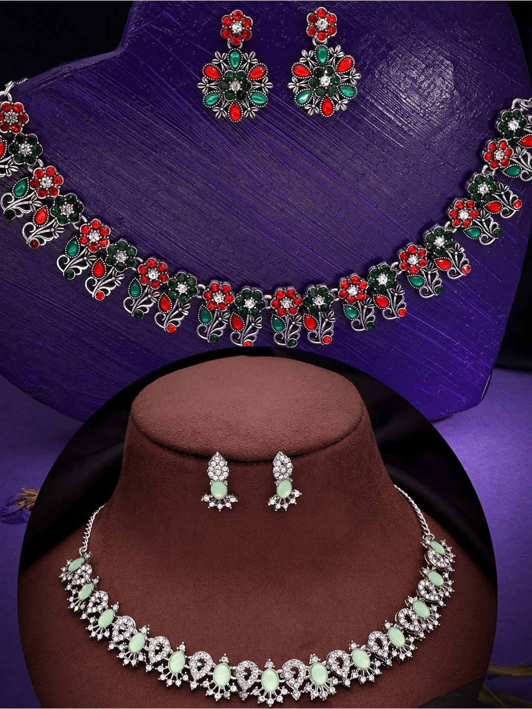 

DIVASTRI Set Of 2 Silver -Plated AD Stone Studded Jewellery Sets
