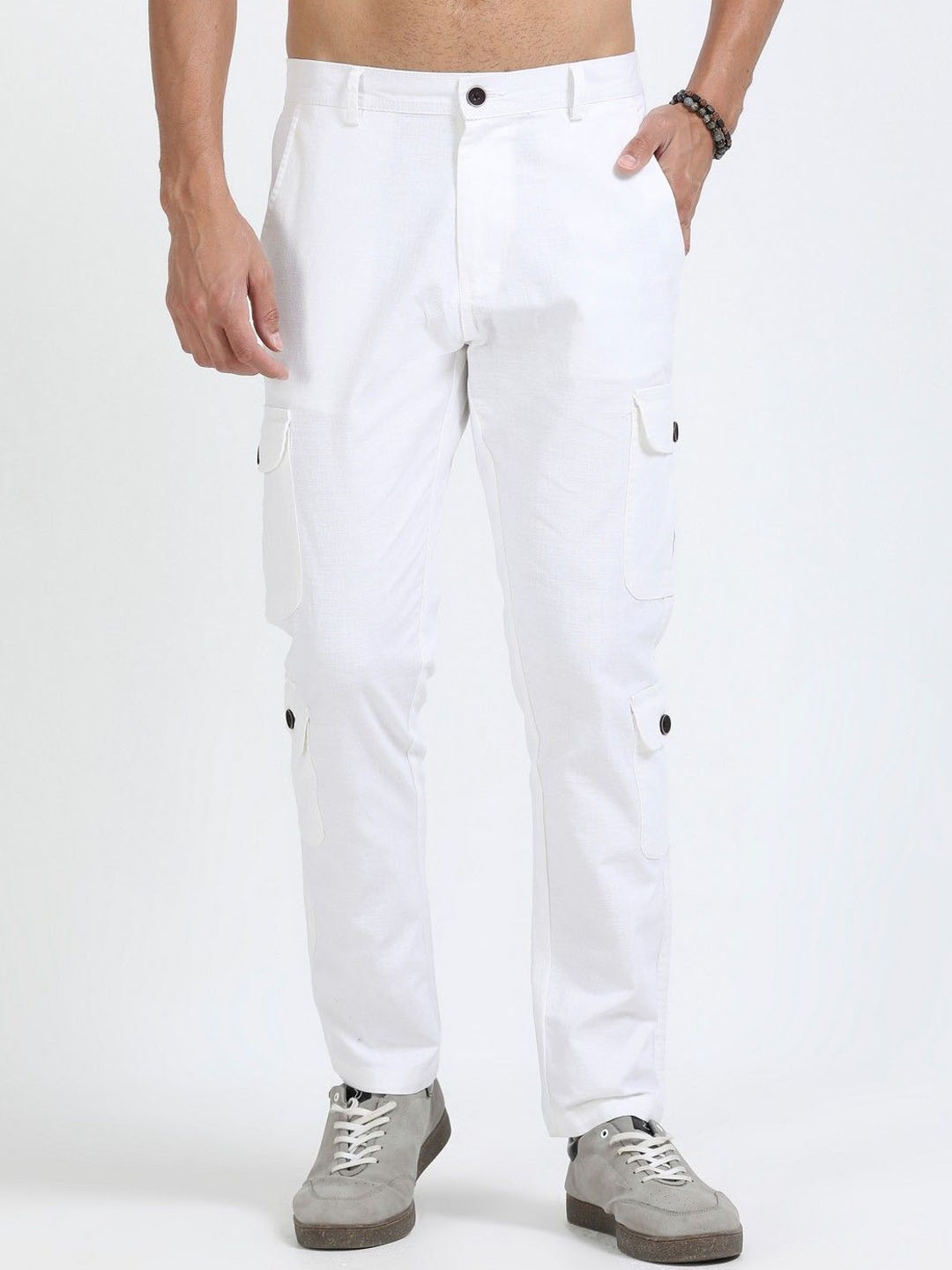 

THE BEETEL HOUSE Men Relaxed Lazy Linen Utility Cargo Trousers, White