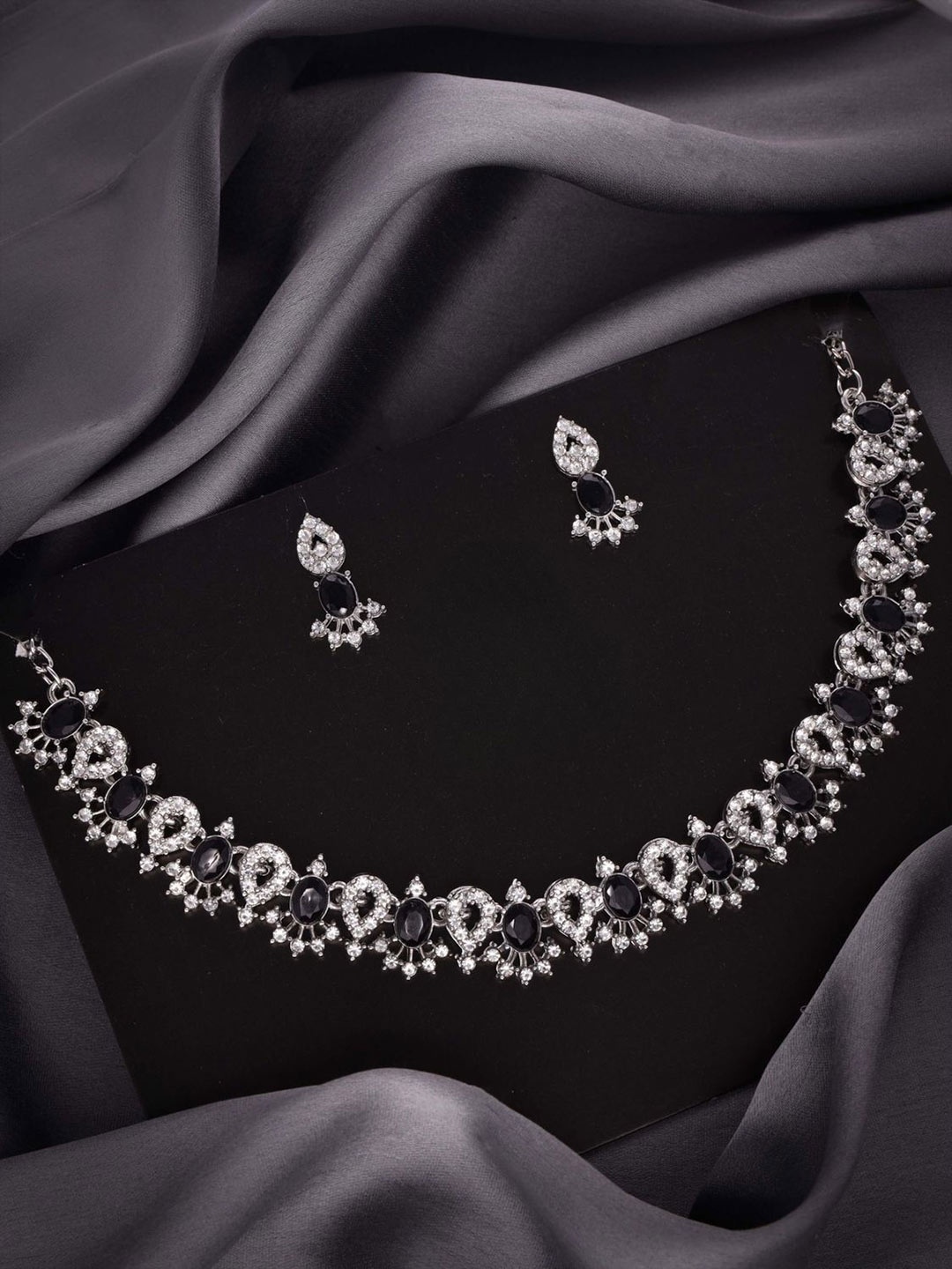 

DIVASTRI Set Of 2 Silver-Plated American Diamond Stone Studded Jewellery Set