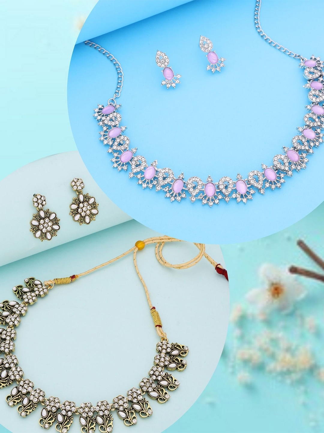

DIVASTRI Set Of 2 Gold-Plated American Diamond Studded Jewellery Sets