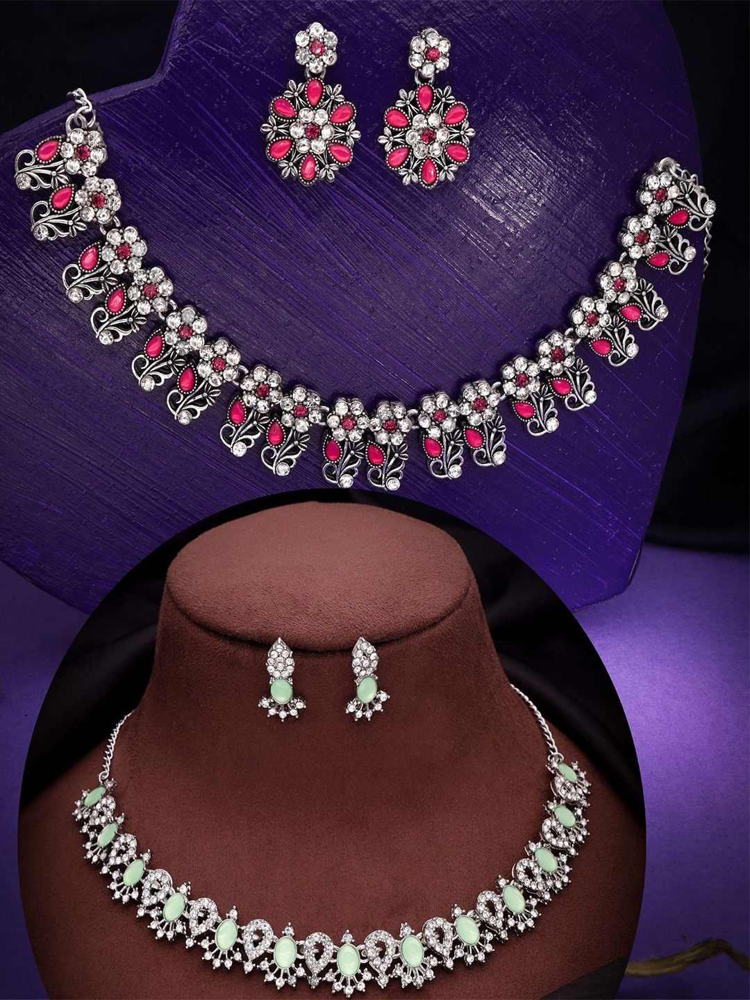 

DIVASTRI Set Of 2 Silver Plated American Diamonds Studded Jewellery Set