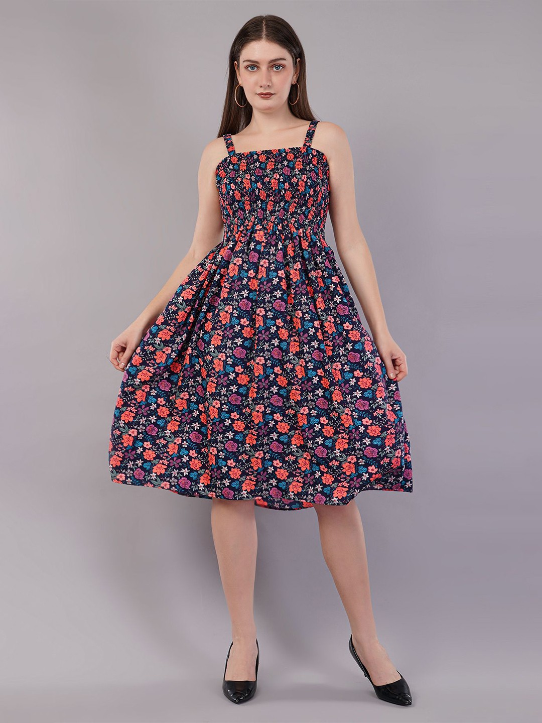 

FLY STITCH Floral Print Fit & Flare Midi Dress, Blue