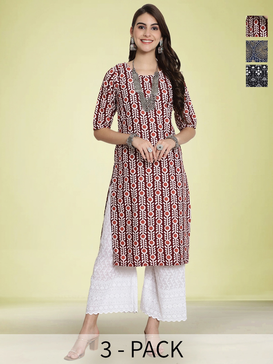 

Moda Rapido Selection Of 3 Geometric Printed Round Neck Straight Kurtas, Maroon