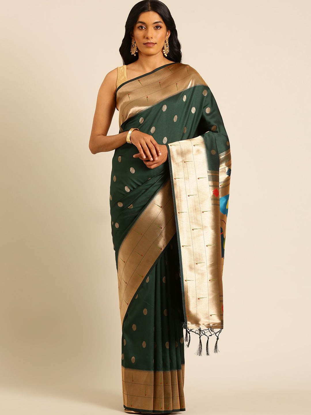 

Panzora Woven Design Zari Silk Blend Paithani Saree, Green