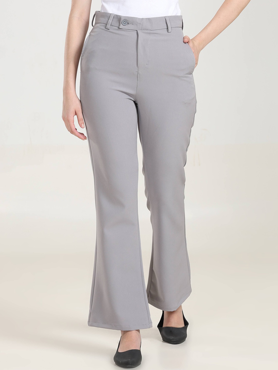 

URBAN POCHE Women Relaxed Flared High-Rise Trousers, Grey