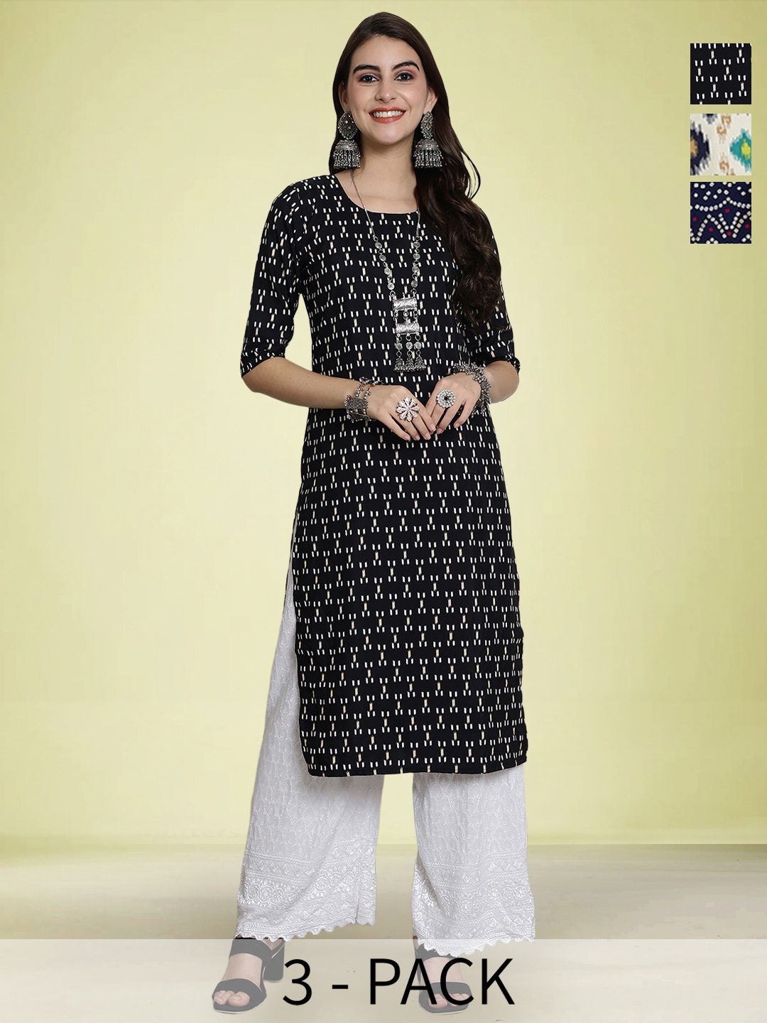 

Moda Rapido Selection Of 3 Geometric Printed Round Neck Straight Kurtas, Black