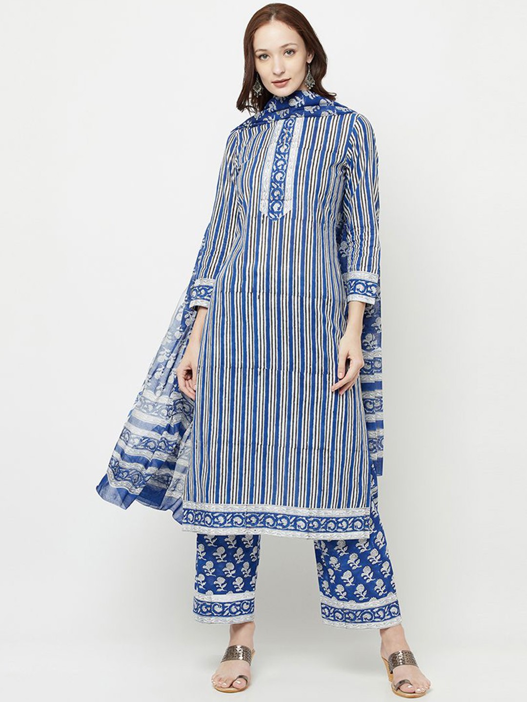 

Safaa Striped Printed Unstitched Dress Material, Blue