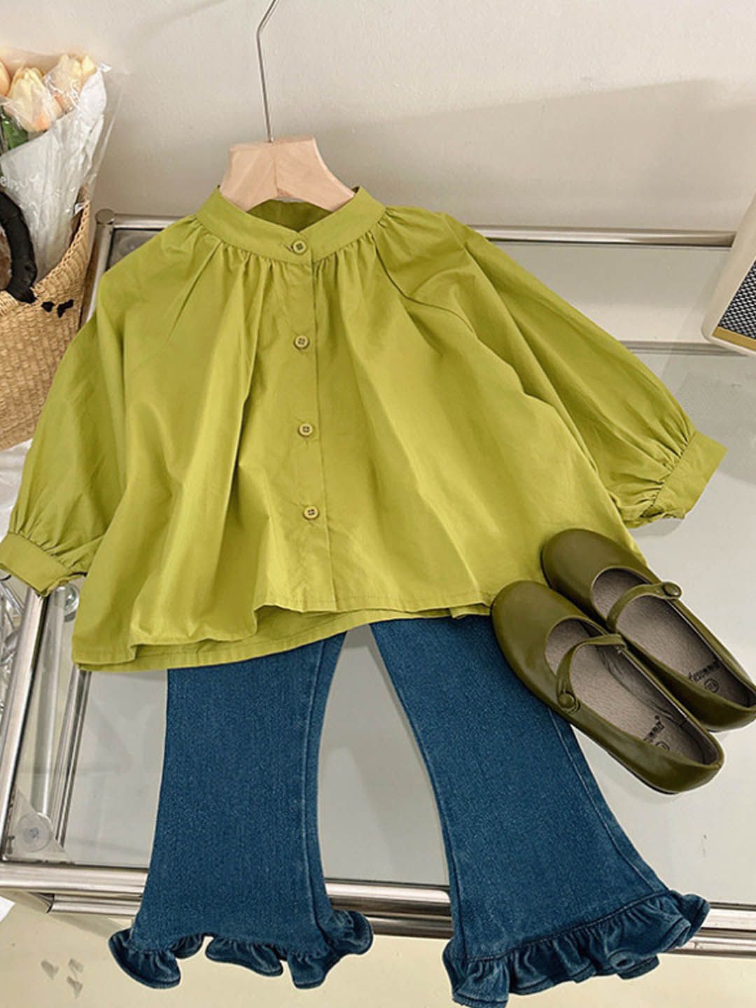 

Xsole Girls Long Sleeves Band Collar Top With Trousers, Green