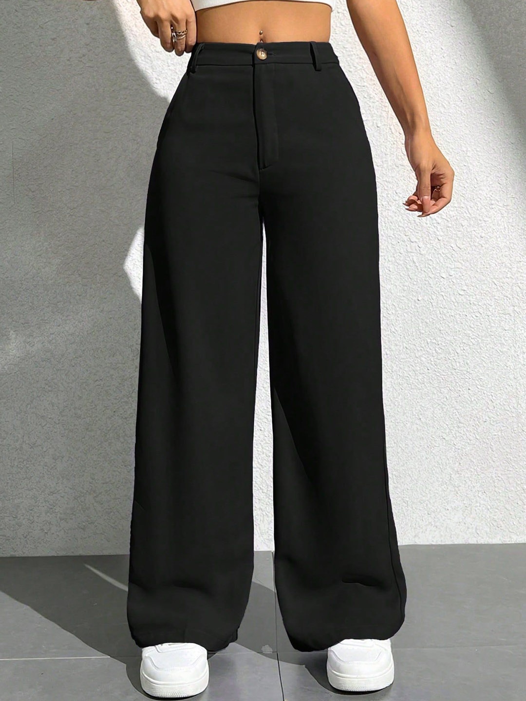 

NUCOUTHS Women Relaxed Straight Leg Straight Fit High-Rise Trousers, Black
