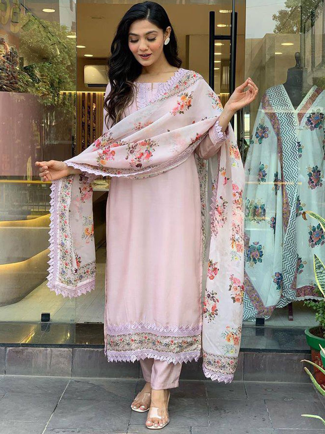 

Lilots Women Embroidered Regular Kurta with Trousers & With Dupatta, Pink