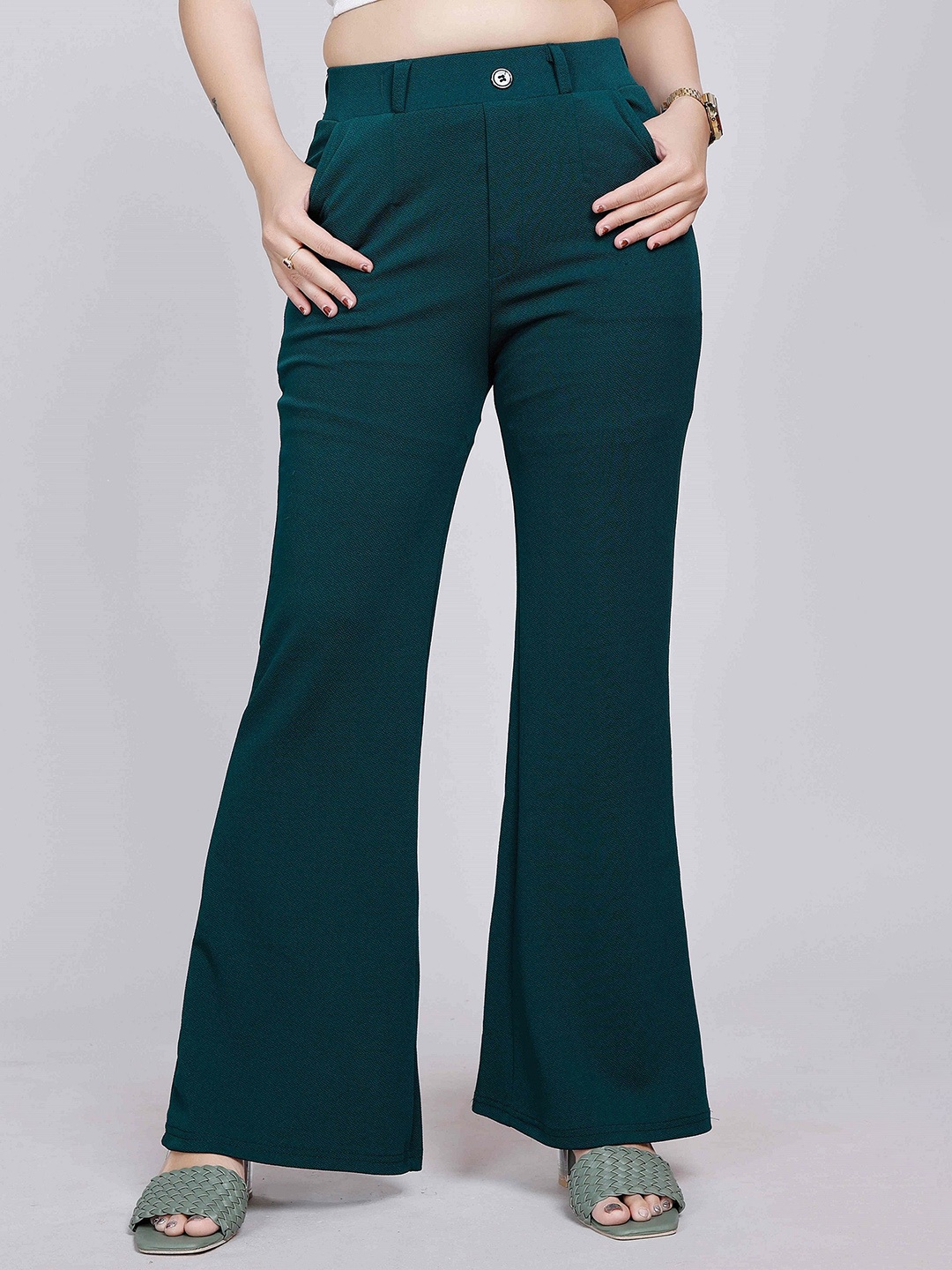 

NUCOUTHS Women Relaxed Straight Leg Straight Fit High-Rise Trousers, Green