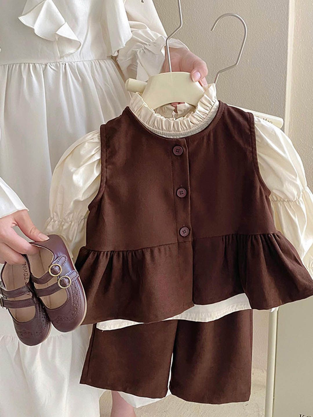 

Xsole Girls Long Sleeves Round Neck Top Jacket With Trouser, Brown