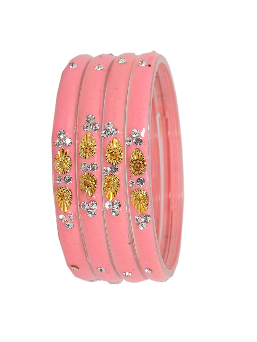 

ZULKA Set Of 4 Zircon & Gemstone-Studded And Beaded Glossy Finished Bangles, Pink