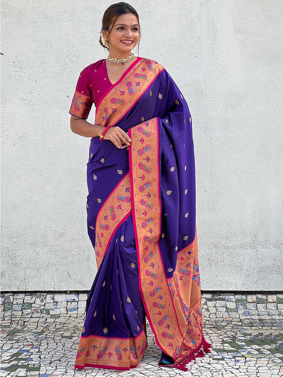 

all about you Woven Design Zari Silk Blend Paithani Saree, Violet