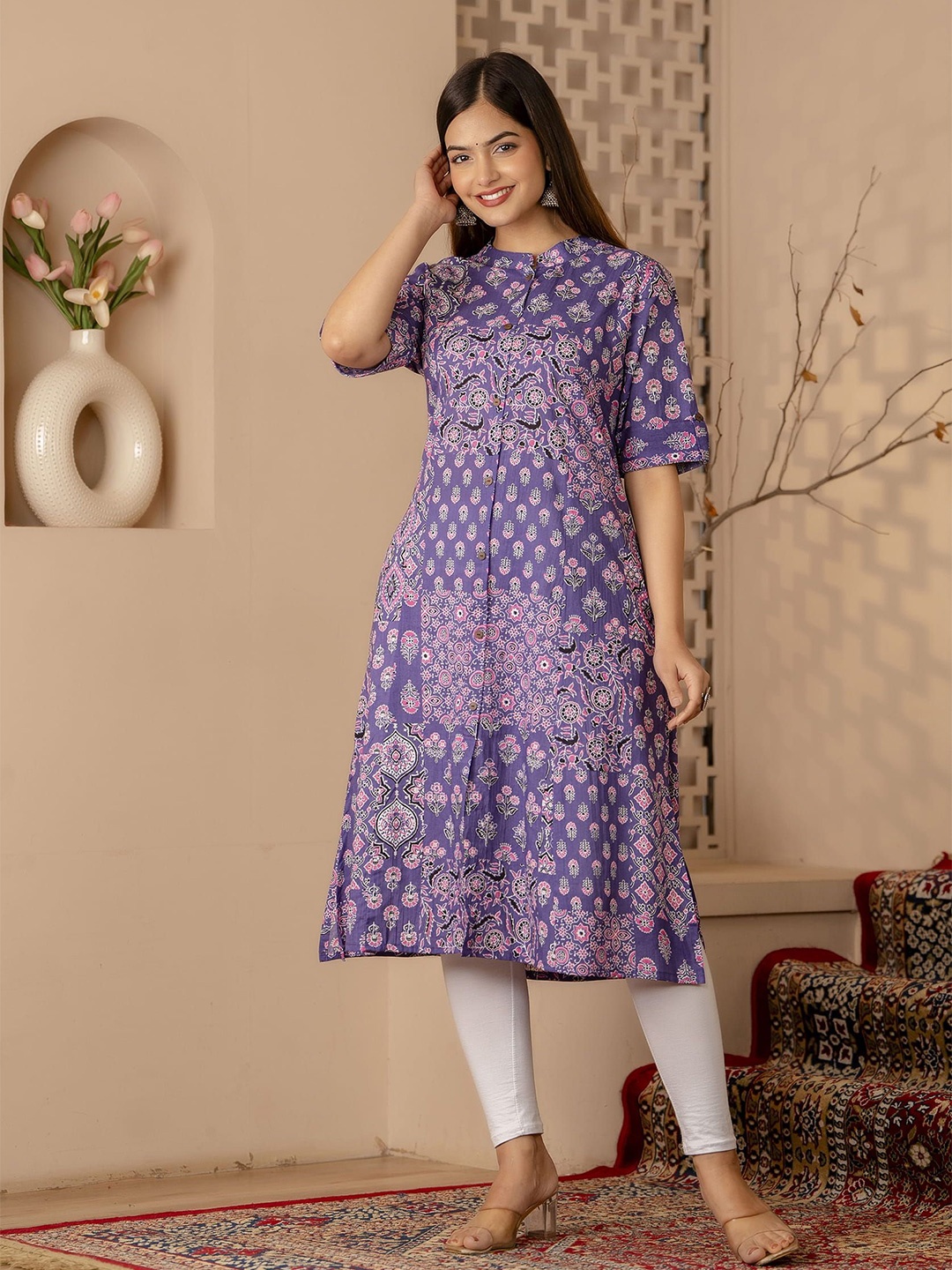 

TRIVEDI Printed Pure Cotton A-Line Kurtas, Purple