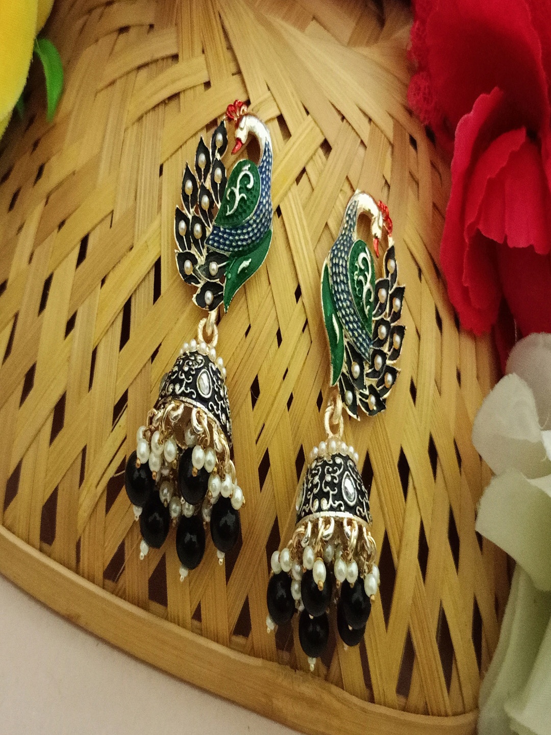 

DIVASTRI Artificial Beads Peacock Shaped Jhumkas Earrings, Black