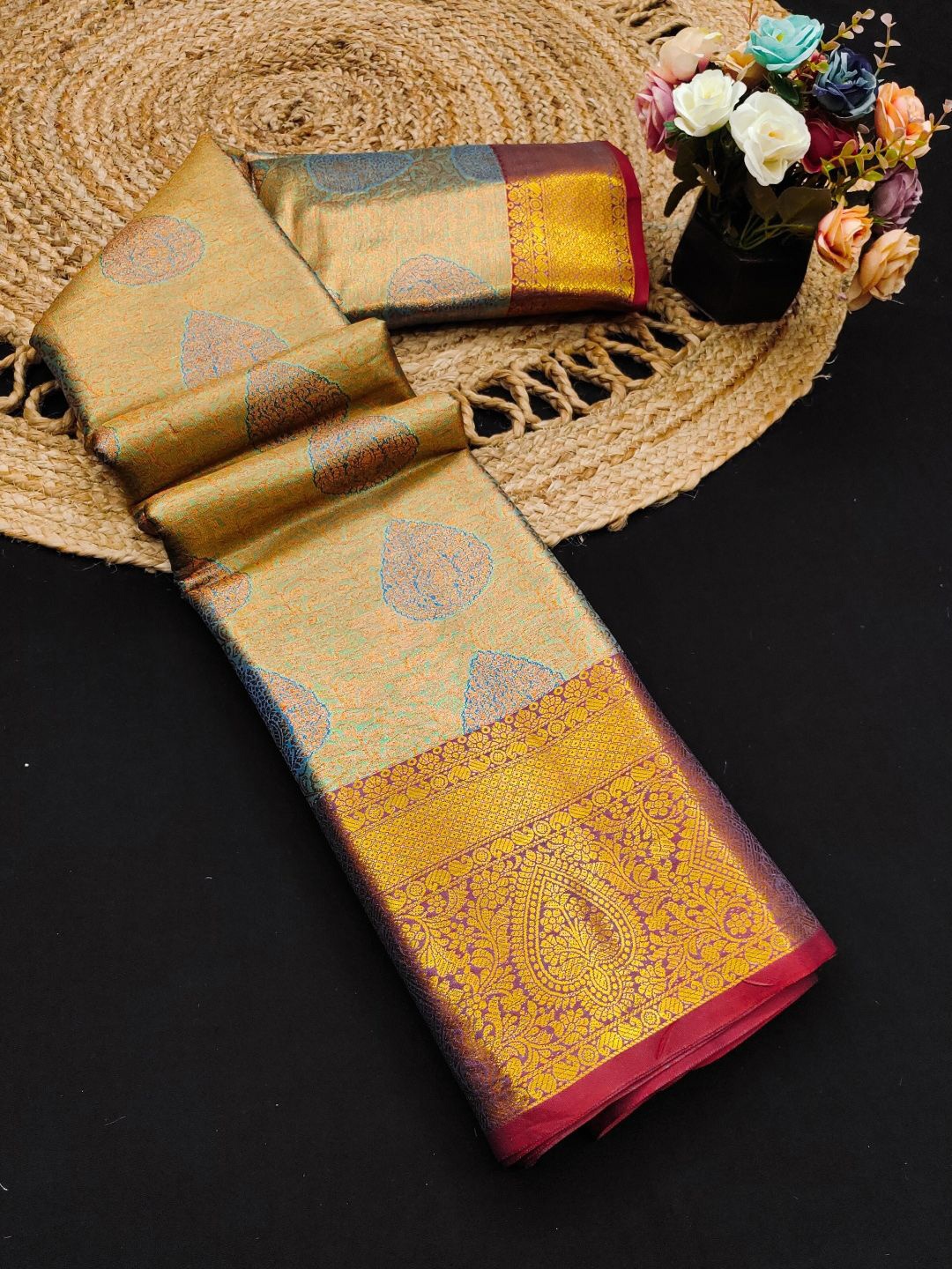 

Mitera Woven Design Zari Pure Silk Kanjeevaram Saree, Turquoise blue