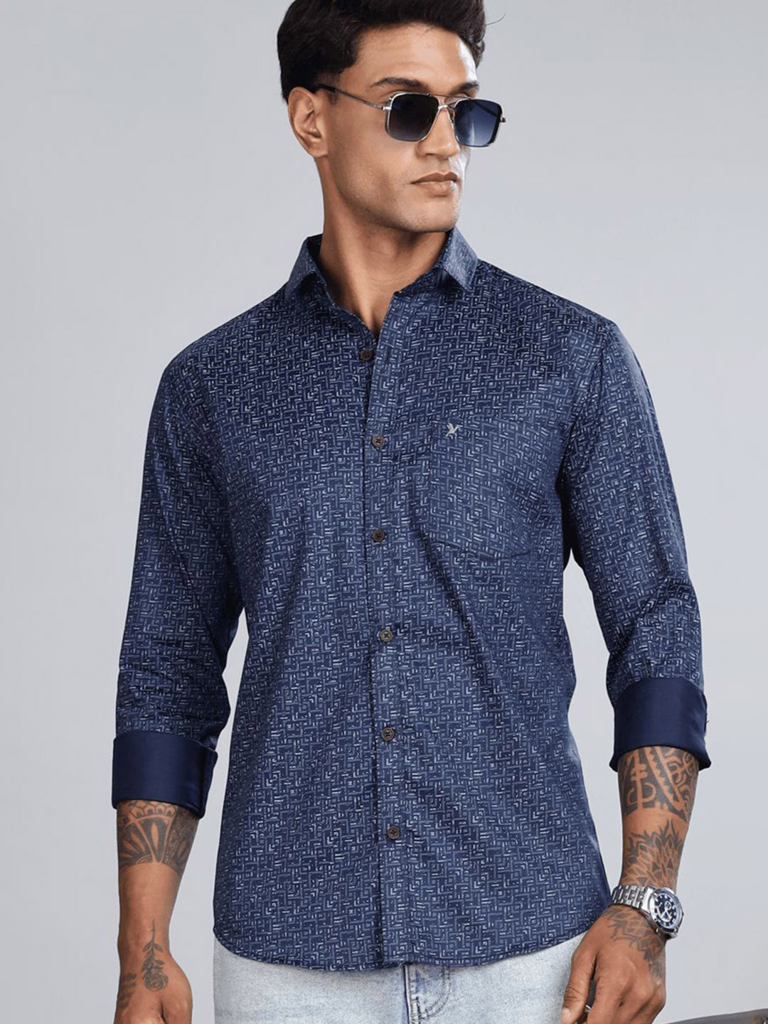 

Blueisland Clothing Men Standard Opaque Printed Formal Shirt, Navy blue