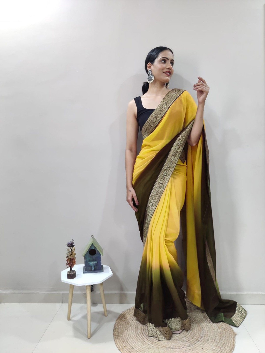 

Rangtulika Ethnics Ombre Zari Poly Georgette Ready to Wear Saree, Yellow