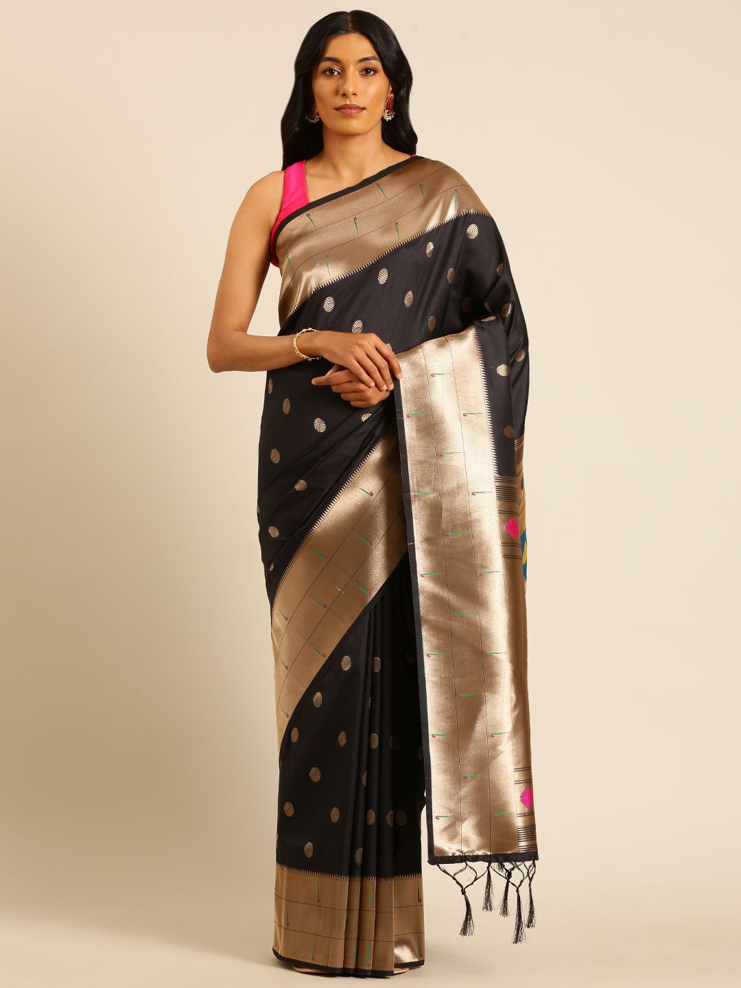 

DIVASTRI Woven Design Zari Silk Blend Designer Paithani Saree, Black