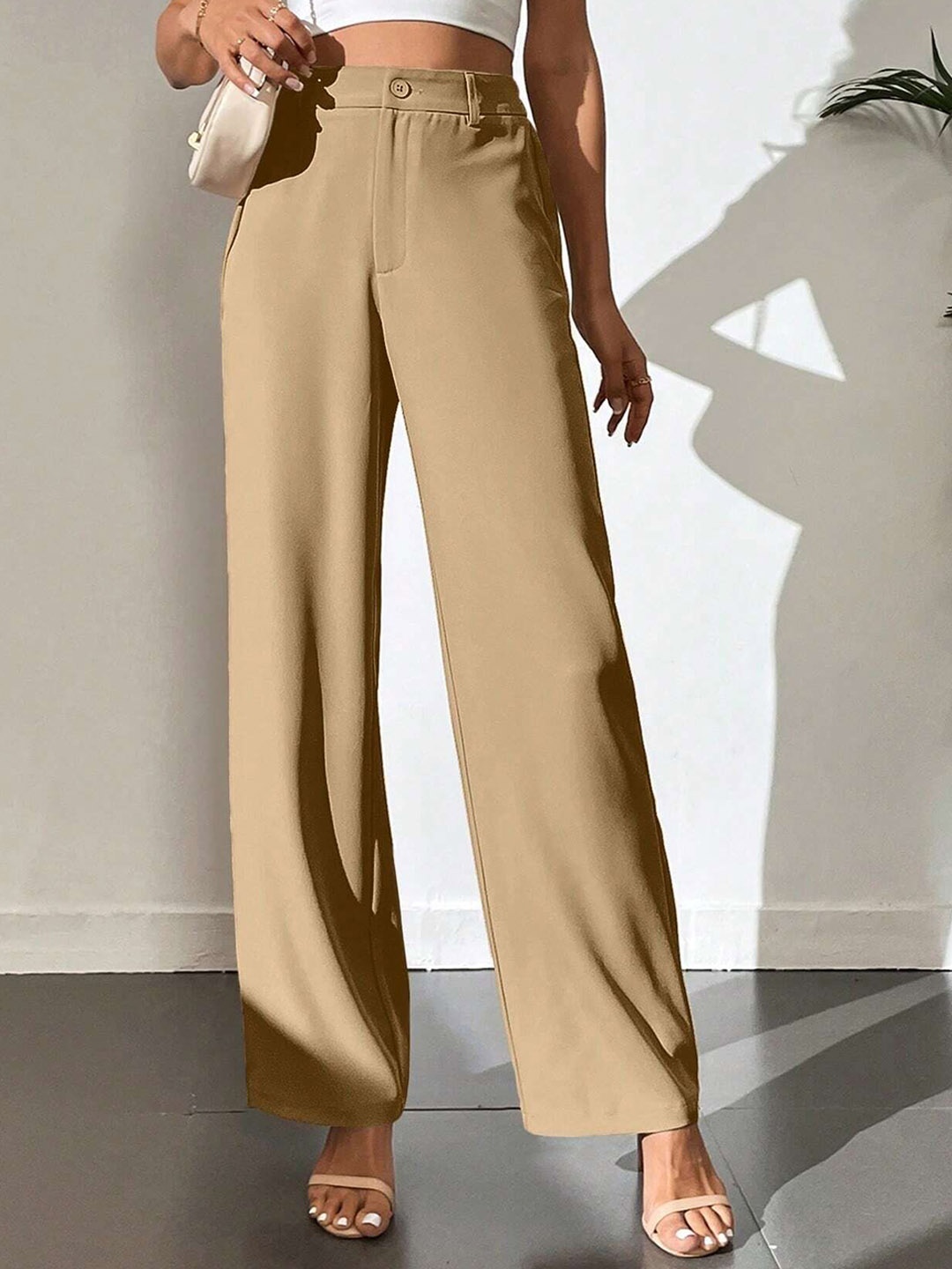

Chemistry Women High-Rise Straight Fit Elasticated Back Waistband Trousers, Beige