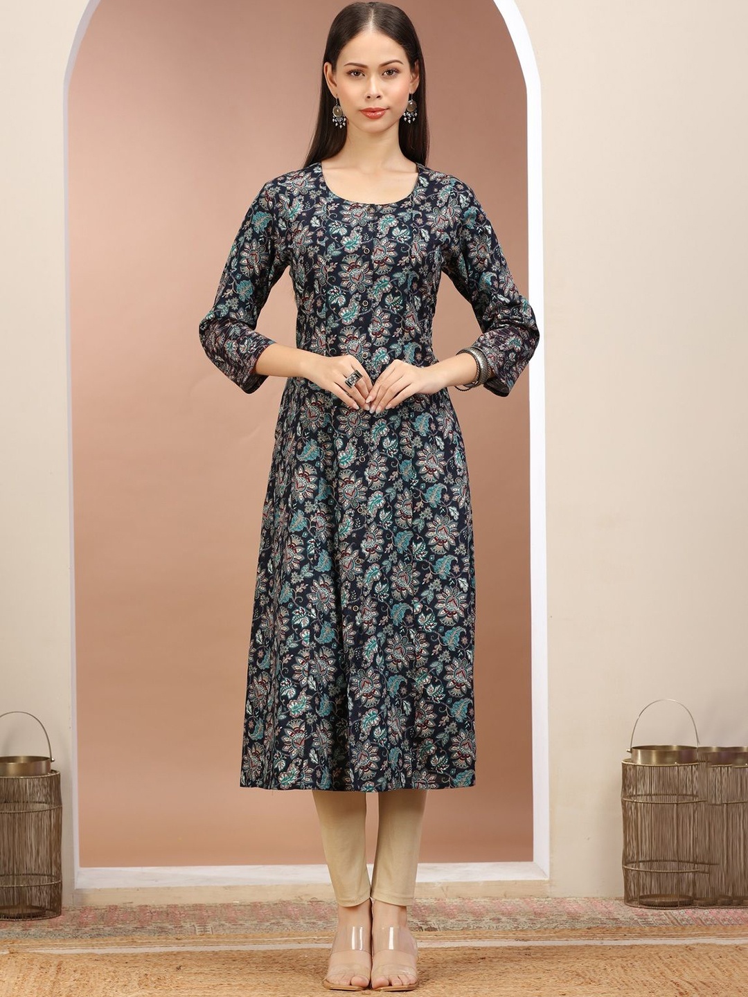 

COTTON CULTURE Floral Printed Round Neck Panelled A-Line Cotton Kurta, Navy blue