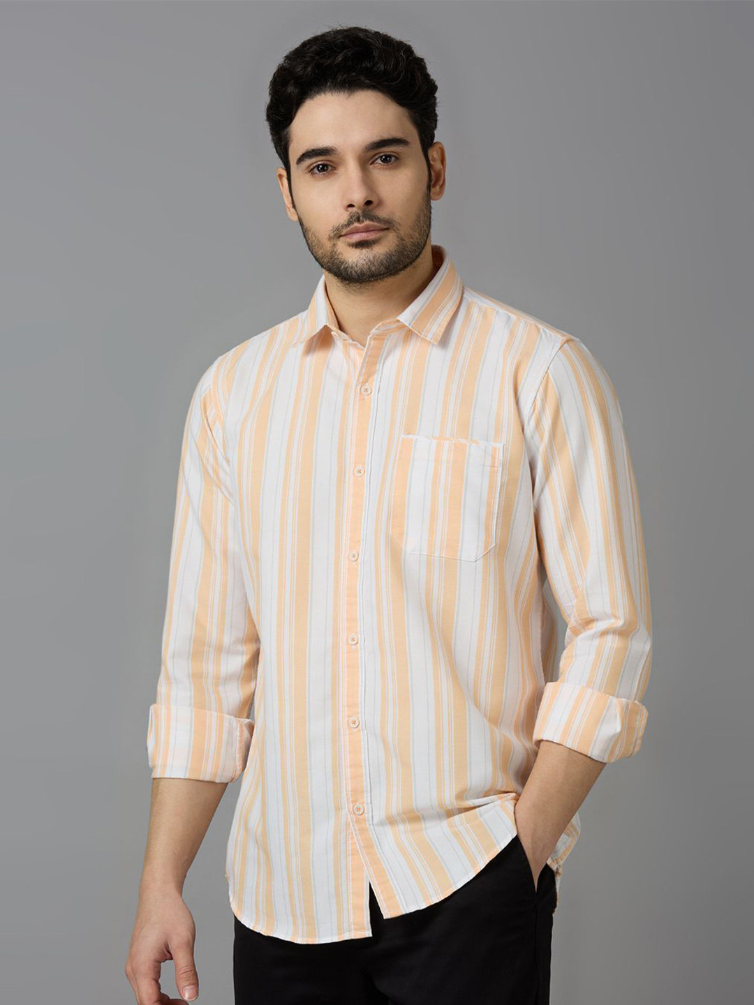 

KOMPANION Men Opaque Striped Casual Shirt, Peach