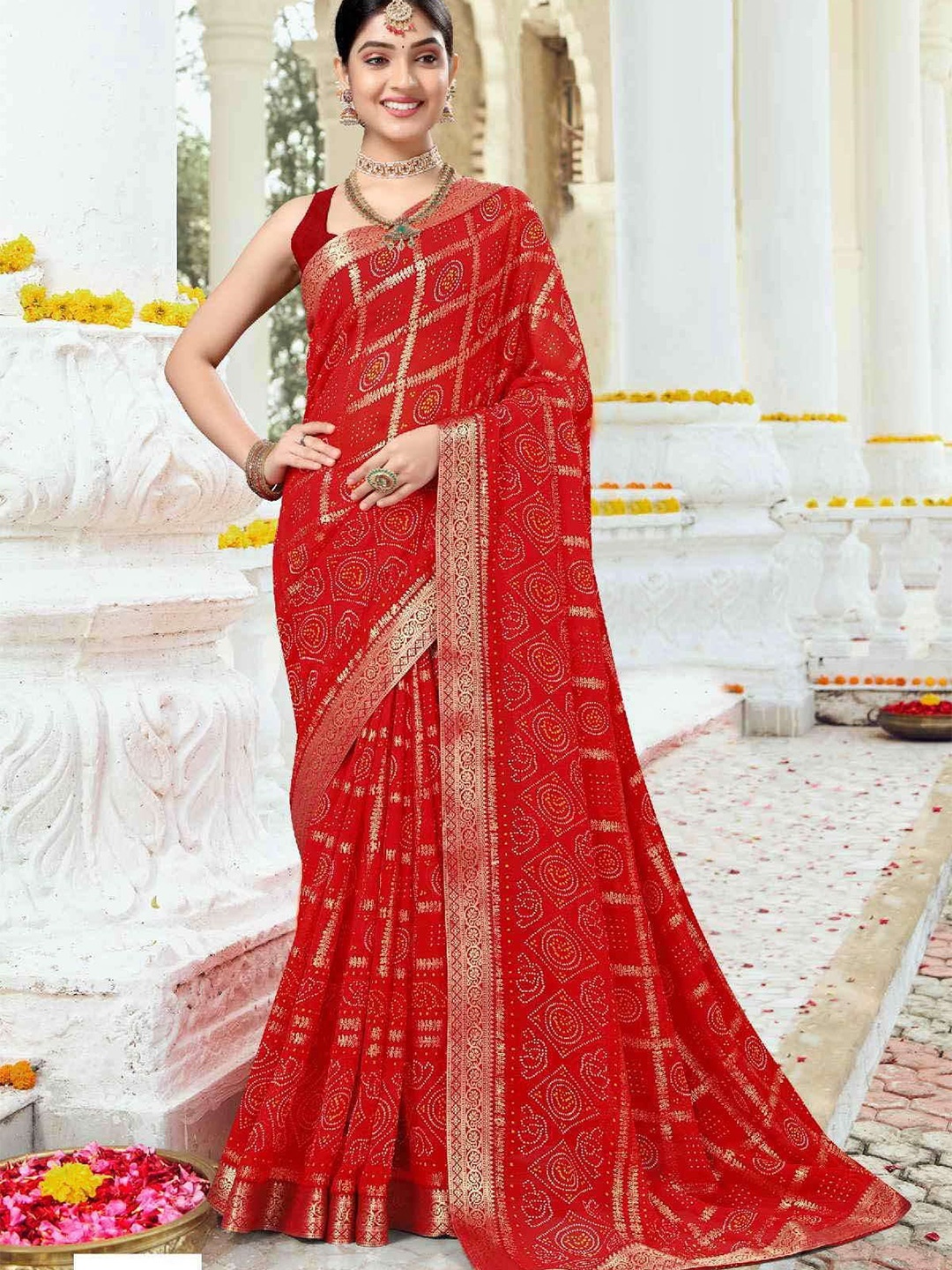 

Reboot Fashions Batik Zari Pure Georgette Designer Block Print Saree, Red