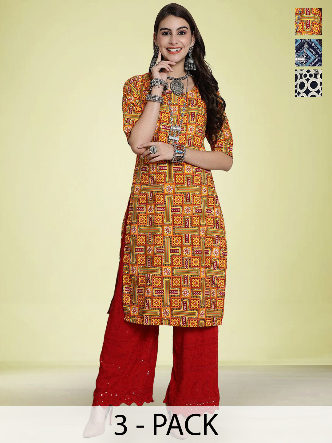 

Moda Rapido Selection Of 3 Floral Printed Round Neck Straight Kurtas, Yellow