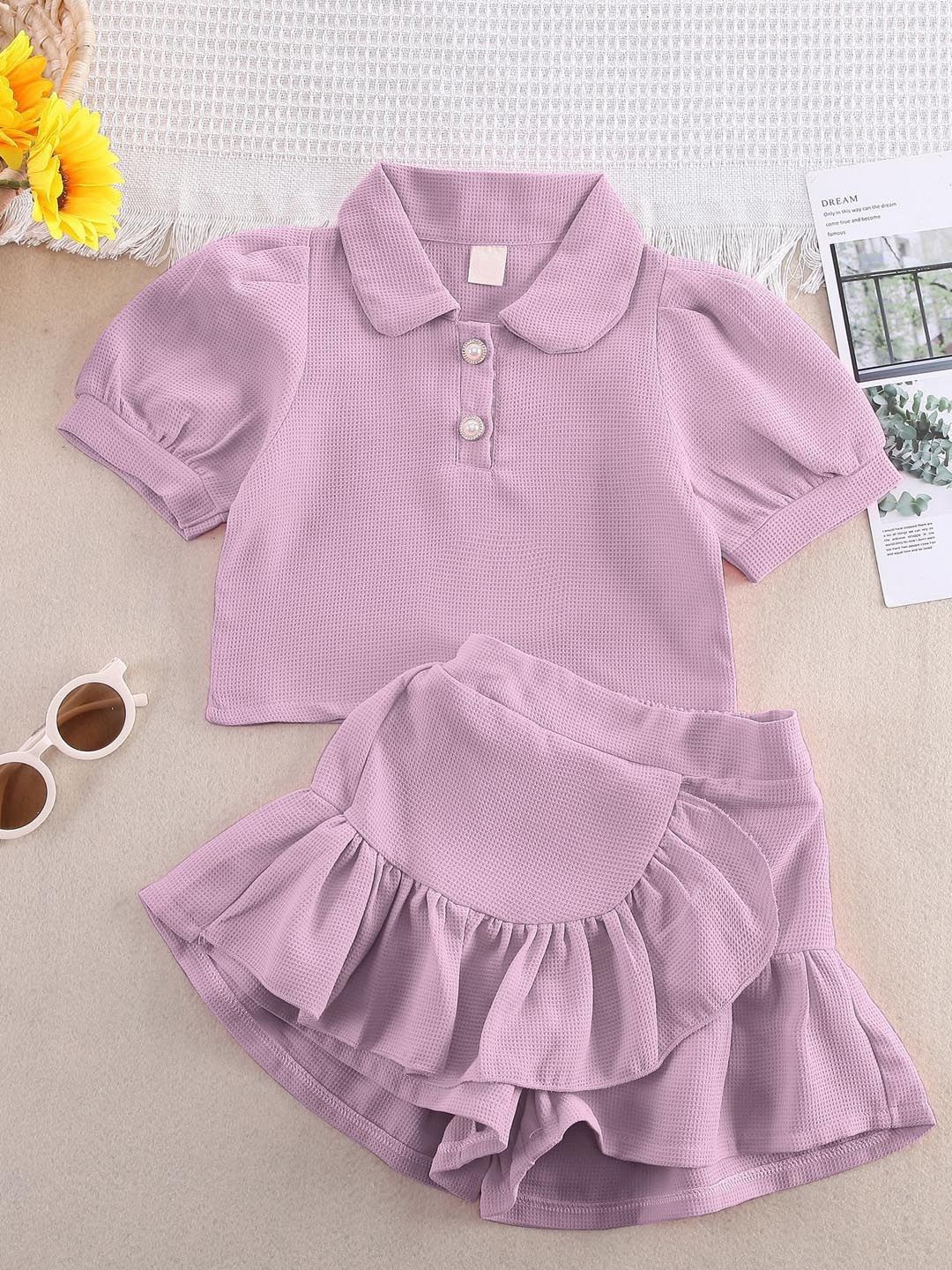 

Xsole Girls Shirt Collar Top With Skirt Clothing Set, Lavender