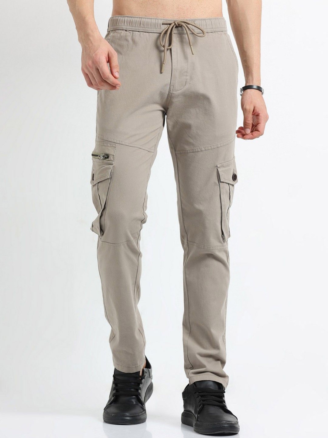 

THE BEETEL HOUSE Men Relaxed Zipper Utility Cargos Trousers, Khaki