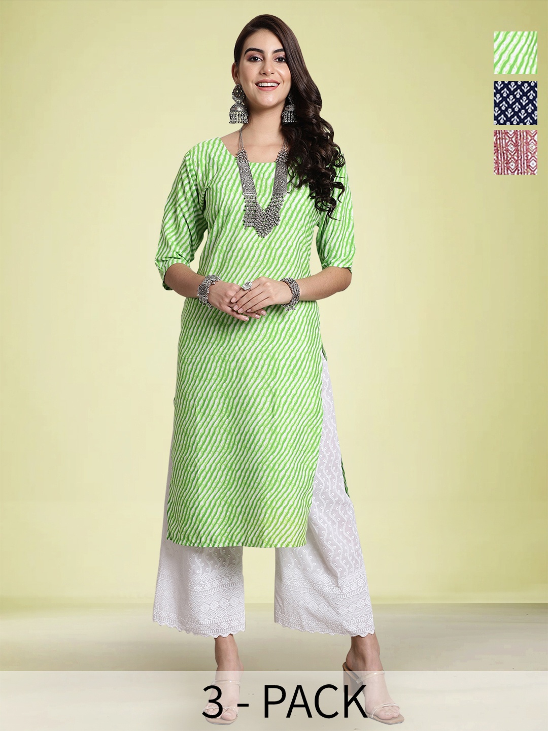 

Moda Rapido Selection Of 3 Floral Printed Round Neck Straight Kurtas, Black