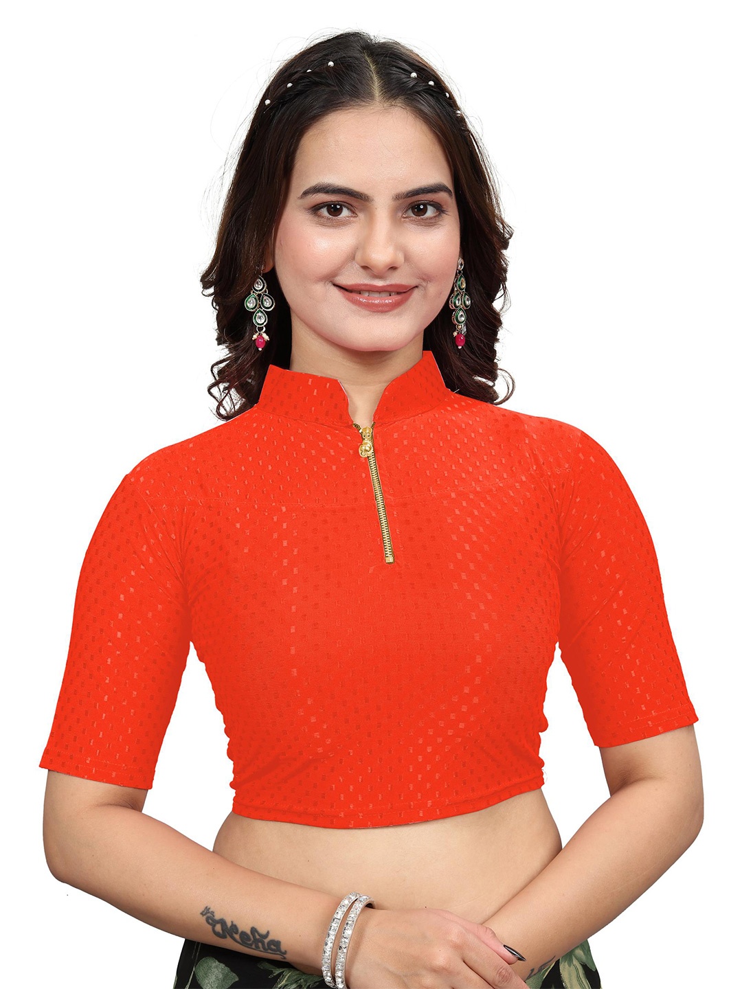 

SS Sanket Synthetics Embroidered Mandarin collar Neck Saree Blouse, Orange