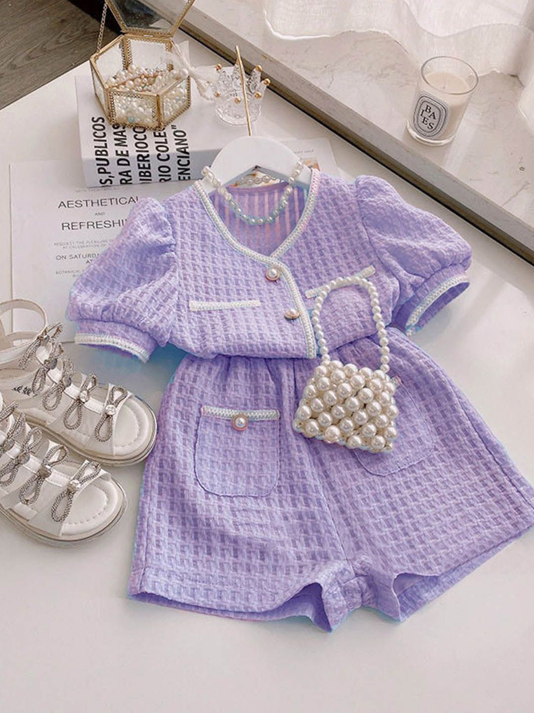 

Xsole Girls Geometric Woven Design V-Neck Top With Short, Purple