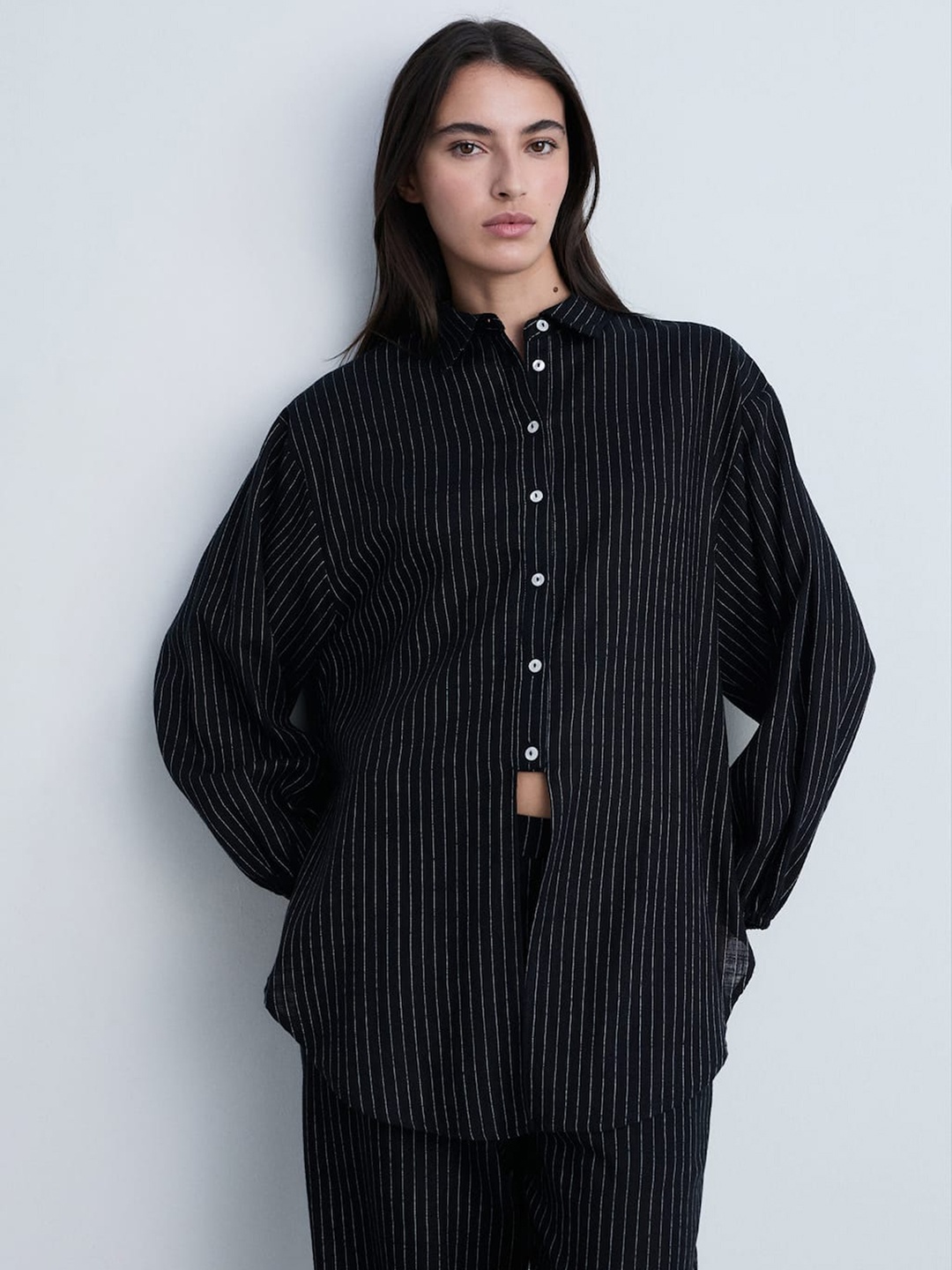 

MANGO Striped Knot Detail Shirt, Black