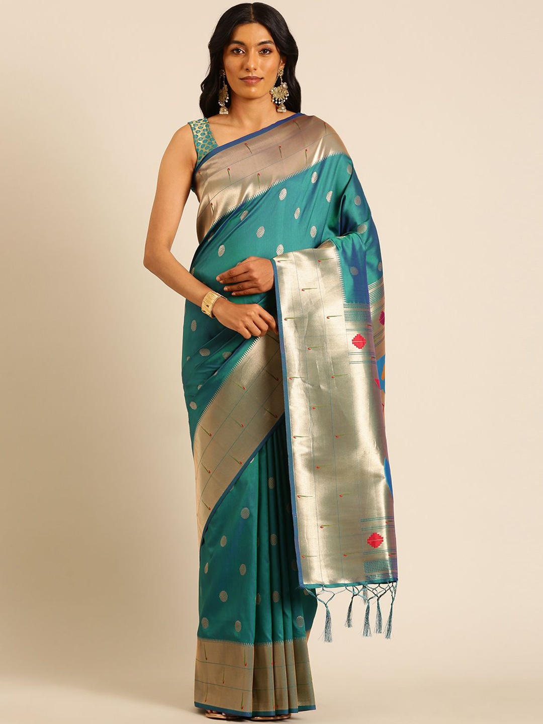 

Panzora Woven Design Zari Silk Blend Paithani Saree, Blue