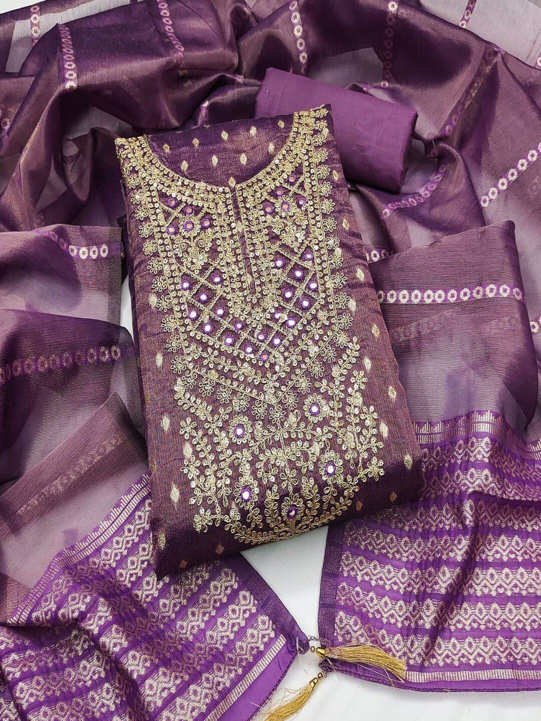 

SHIJILA Floral Woven Design Mirror Work Unstitched Dress Material, Lavender