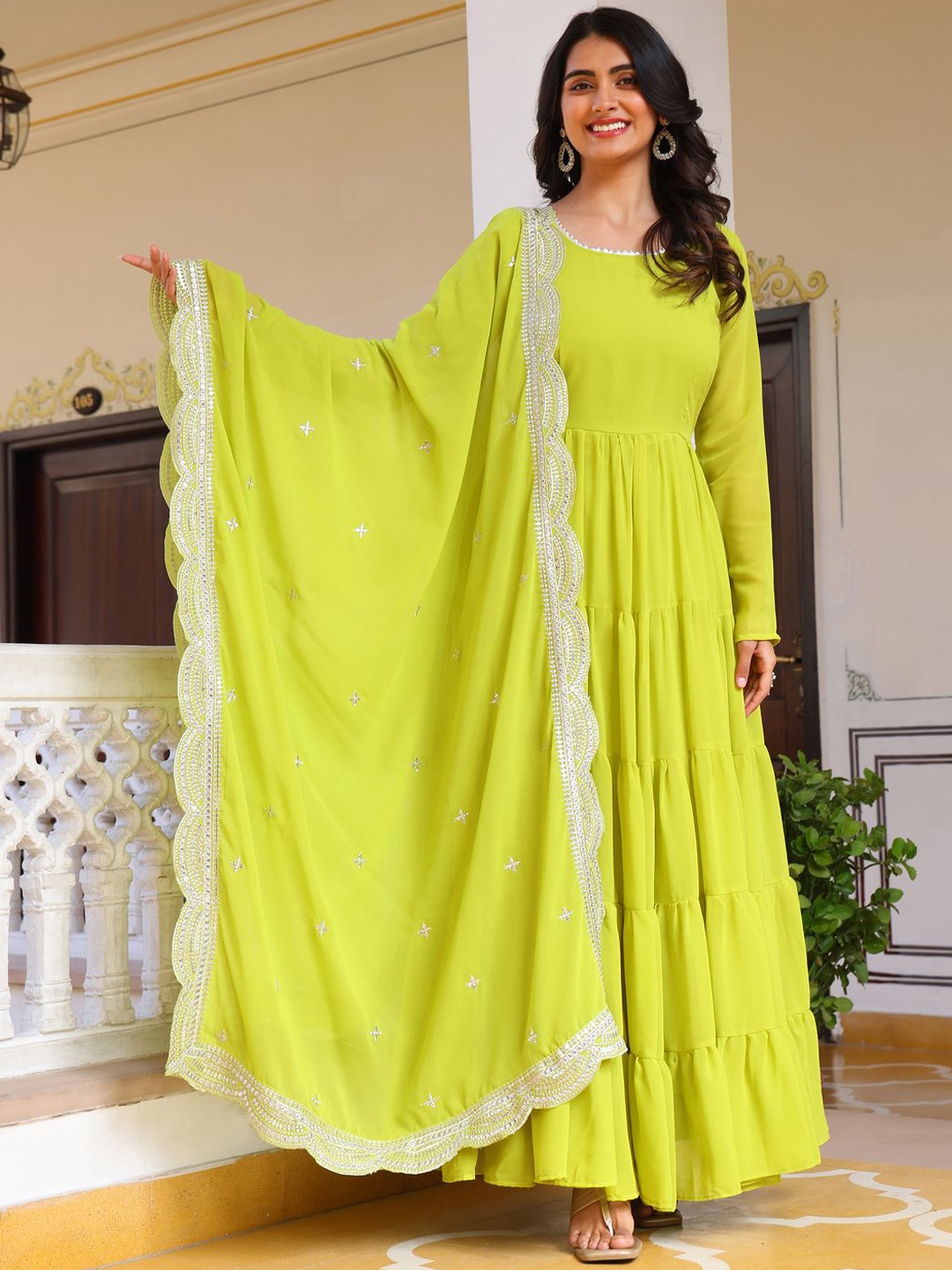 

KALINI Women Layered Kurta with Pyjamas & With Dupatta, Green